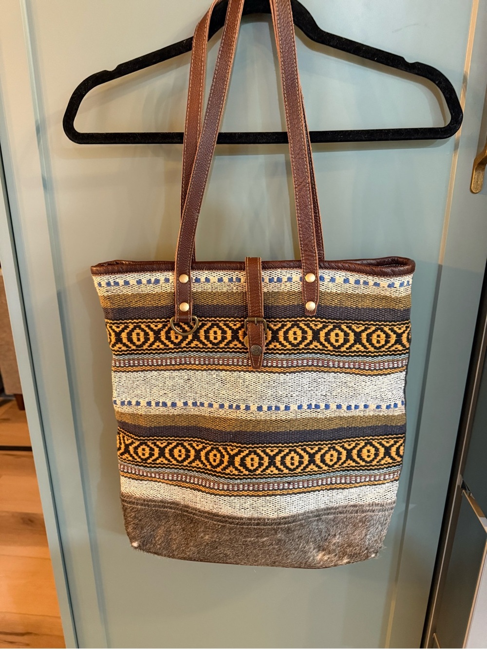 Myra Bag Woven Pattern Tote Bag with Leather Trim - Brown